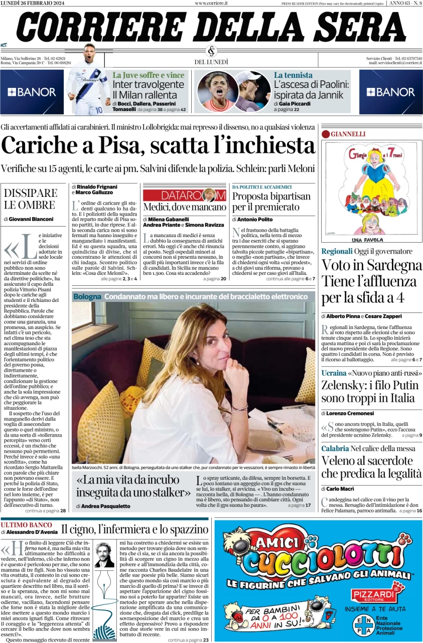 prima pagina - Corriere della Sera del 26/02/2024