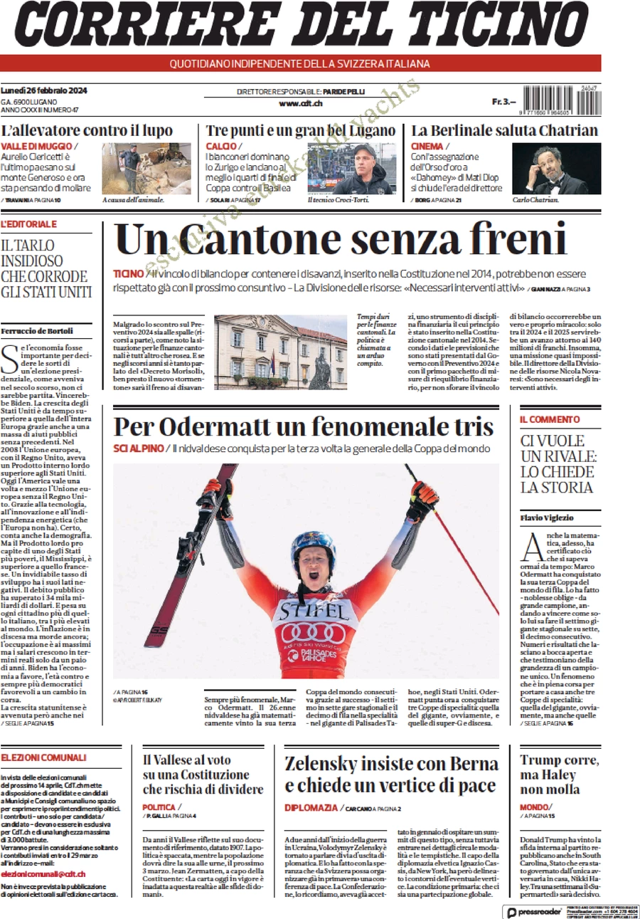prima pagina - Corriere del Ticino del 26/02/2024