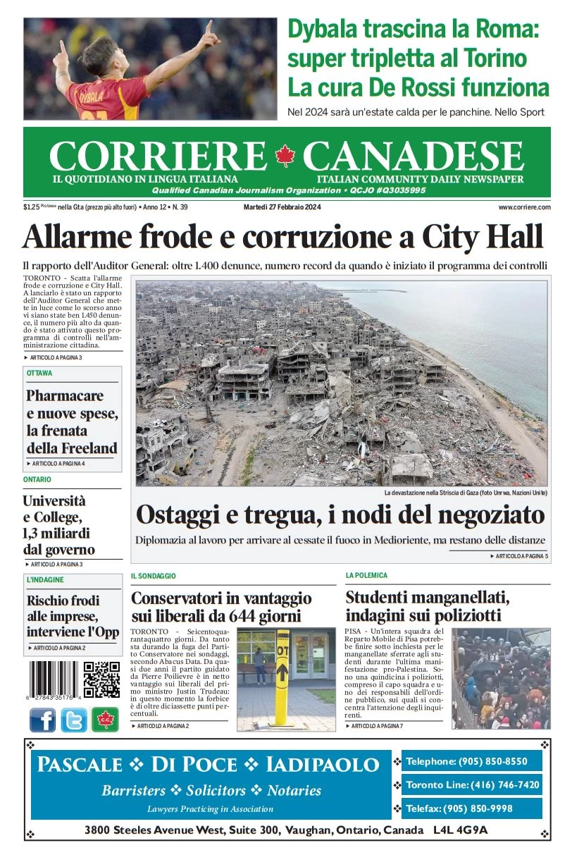 prima pagina - Corriere Canadese del 26/02/2024