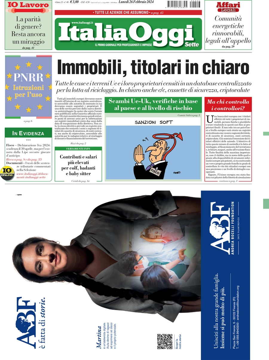 prima pagina - ItaliaOggi del 26/02/2024