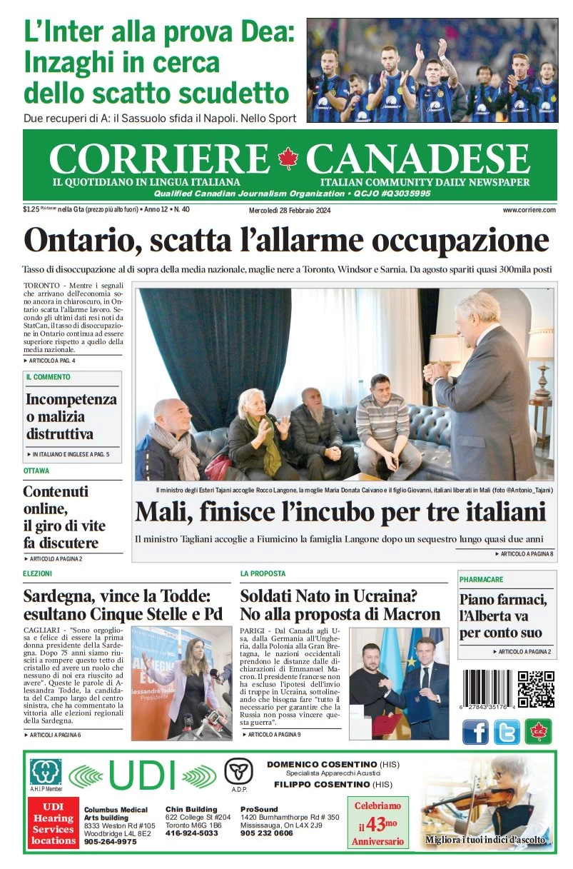 prima pagina - Corriere Canadese del 27/02/2024