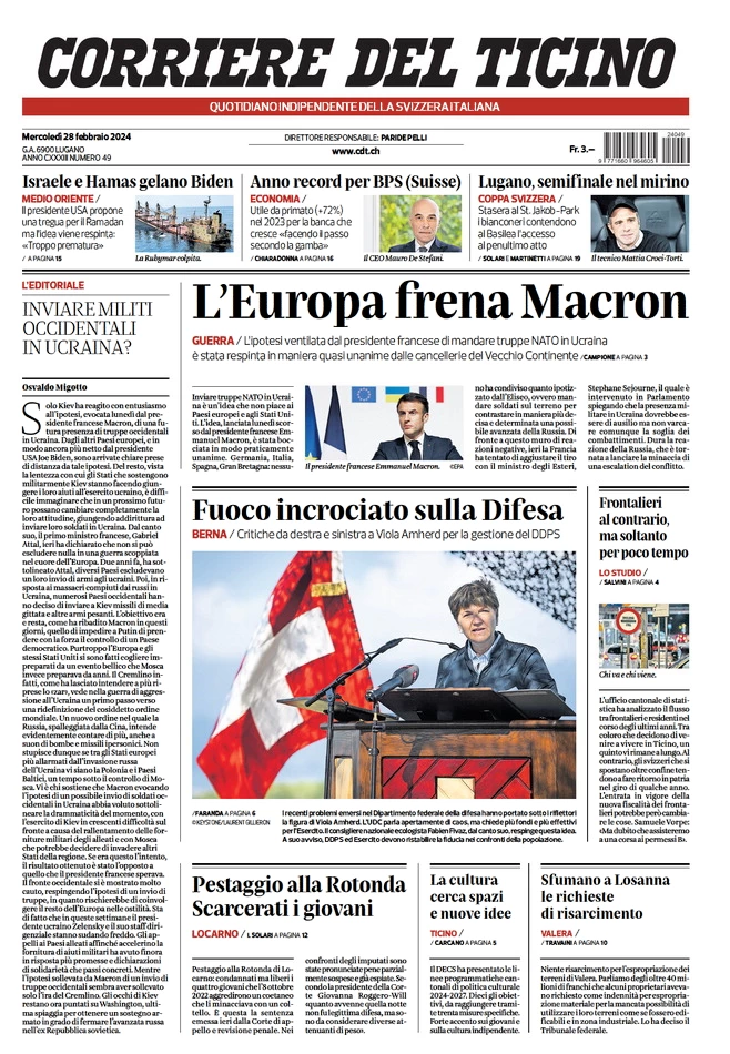 prima pagina - Corriere del Ticino del 27/02/2024