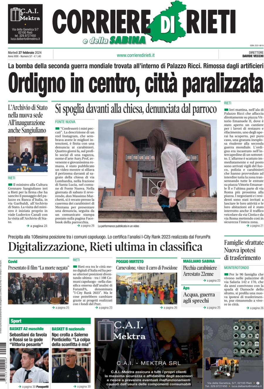 anteprima della prima pagina di corriere-di-rieti-e-della-sabina del 27/02/2024