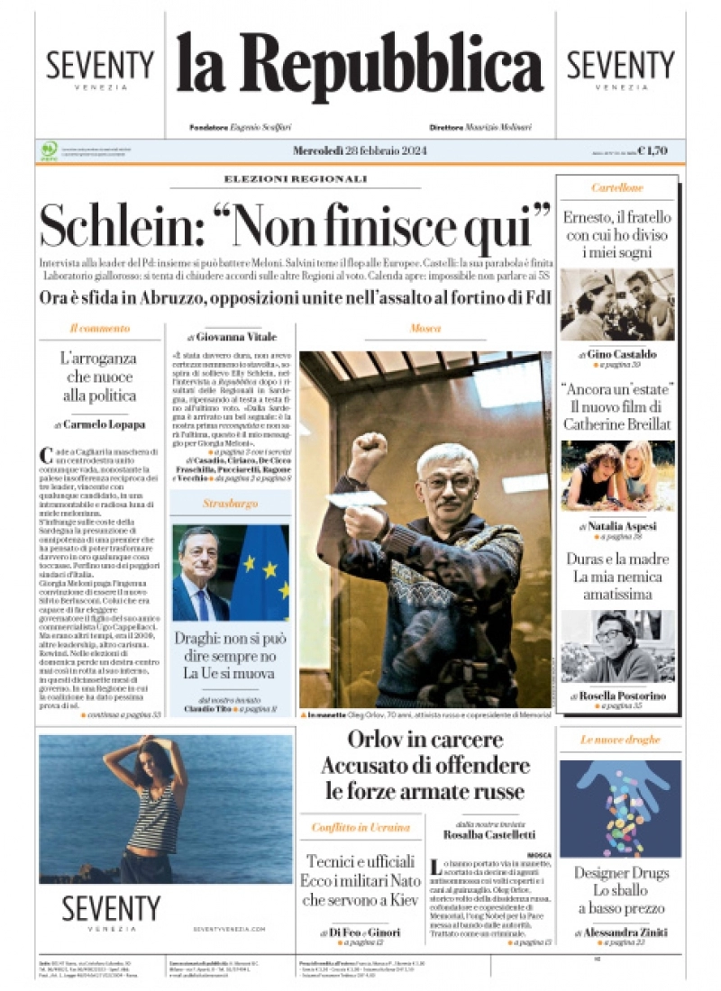 prima pagina - La Repubblica del 27/02/2024