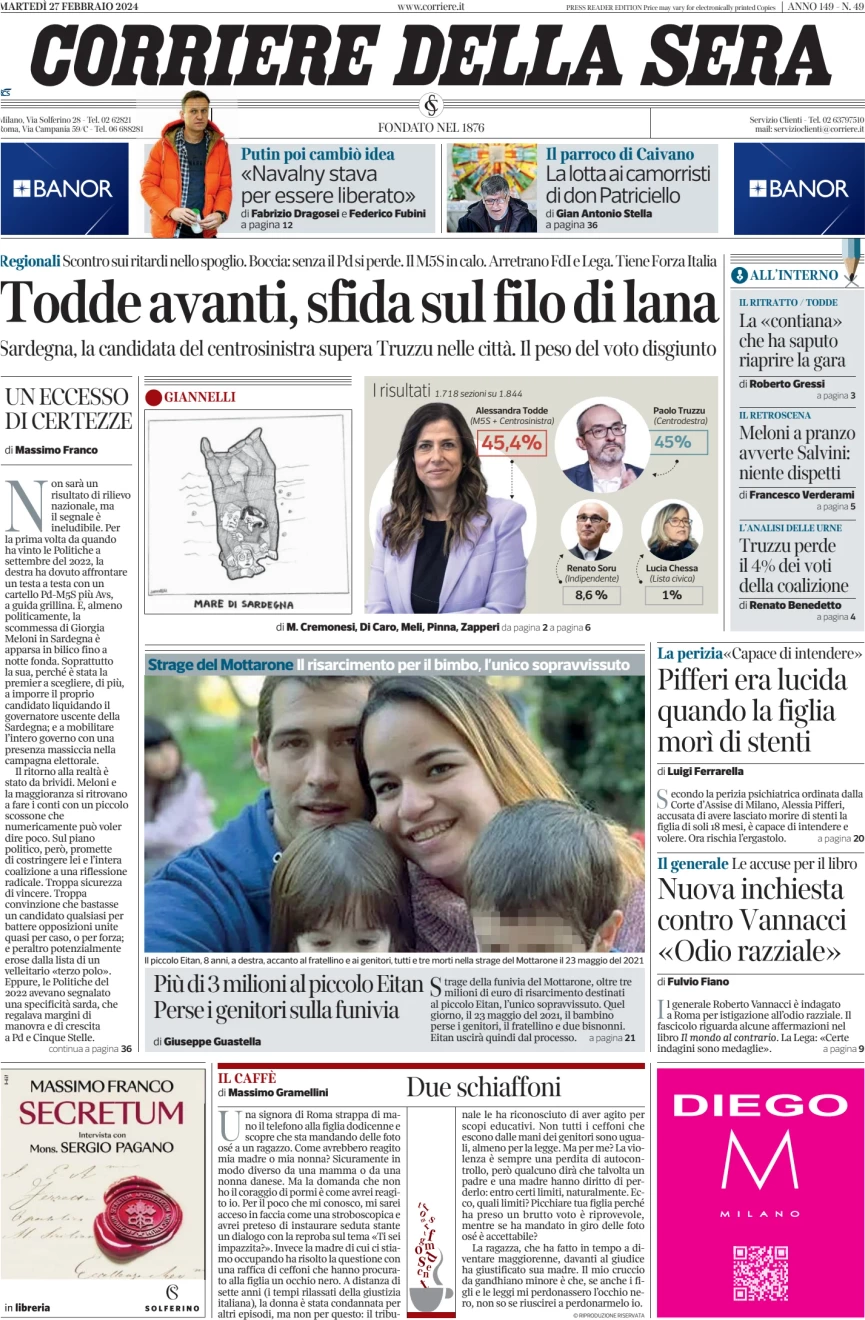 prima pagina - Corriere della Sera del 27/02/2024
