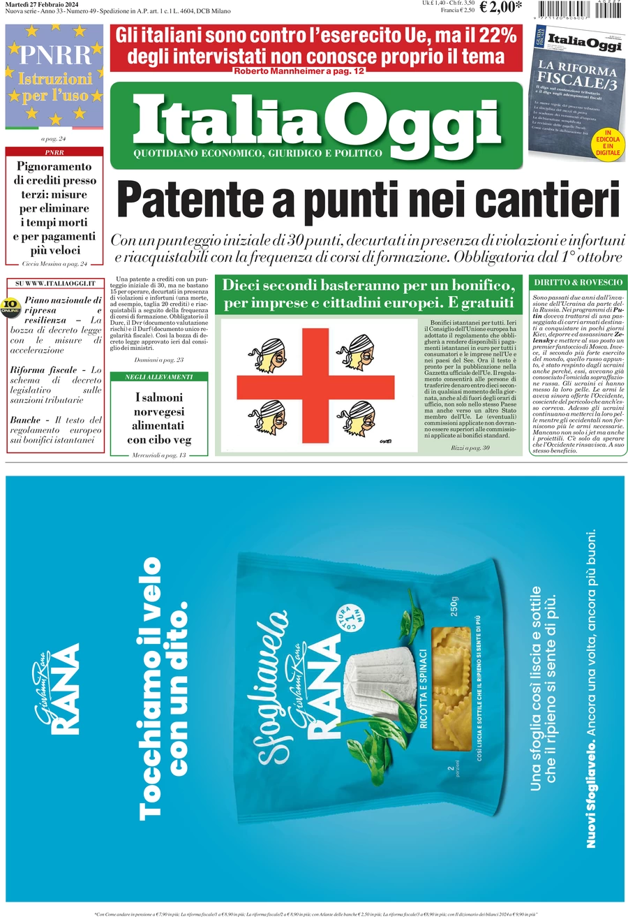prima pagina - ItaliaOggi del 27/02/2024