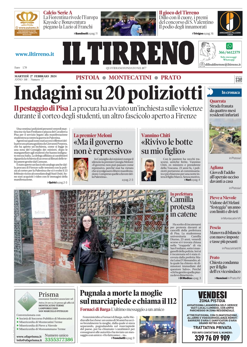 anteprima della prima pagina di il-tirreno-pistoia,-montecatini,-prato del 27/02/2024