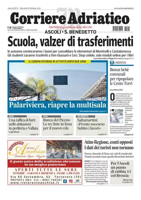 anteprima della prima pagina di corriere-adriatico-ascoli del 27/02/2024
