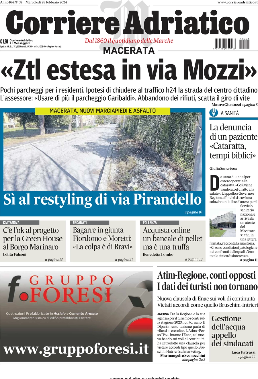 anteprima della prima pagina di corriere-adriatico-macerata del 28/02/2024