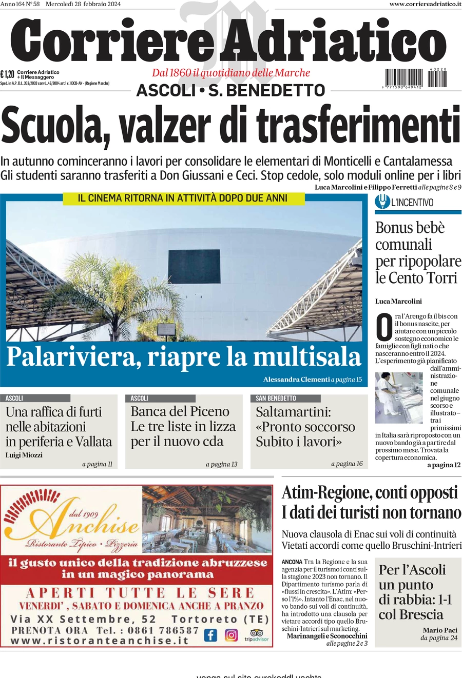 anteprima della prima pagina di corriere-adriatico-ascoli del 28/02/2024