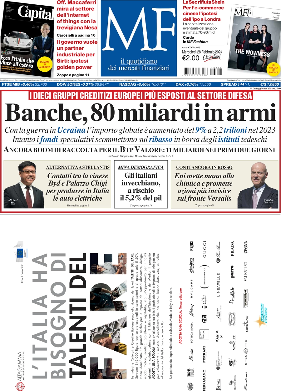 prima pagina - MF Milano Finanza del 28/02/2024