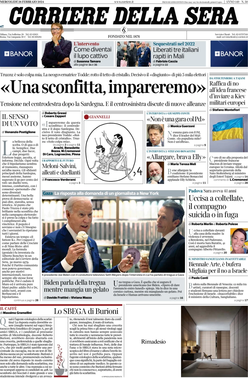 prima pagina - Corriere della Sera del 28/02/2024