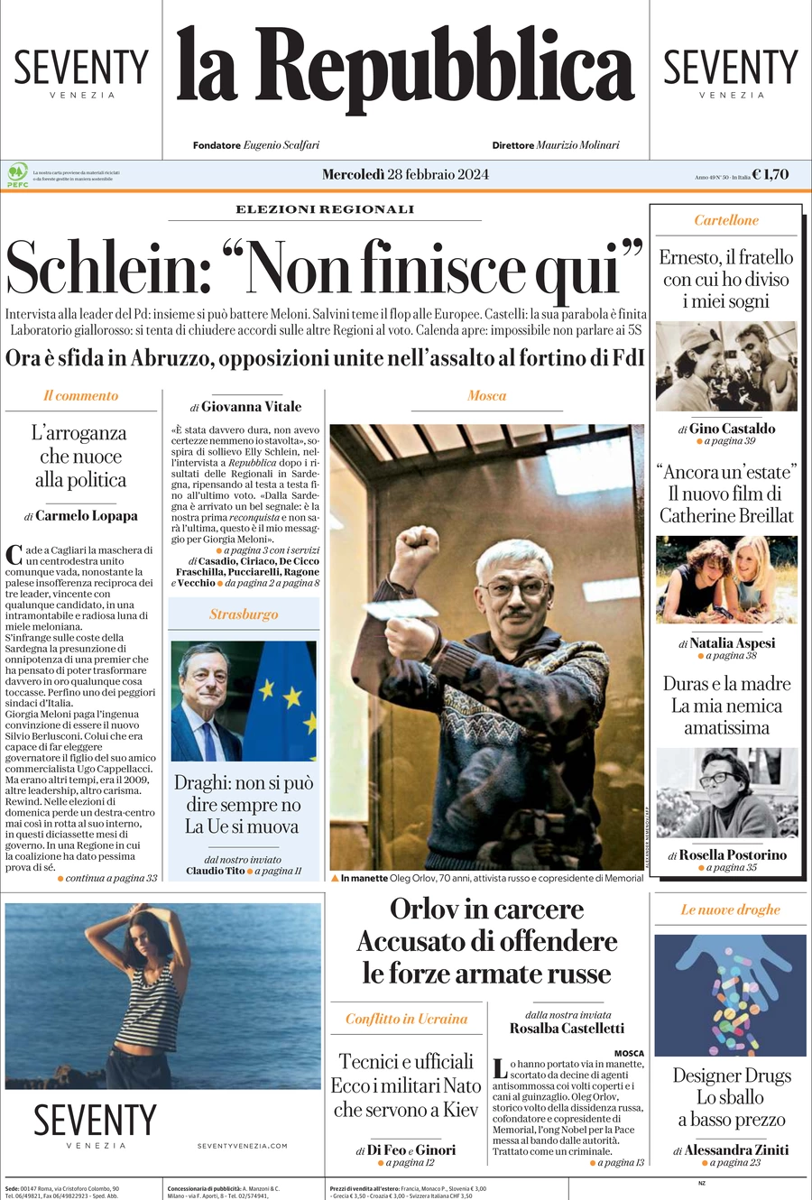 prima pagina - La Repubblica del 28/02/2024