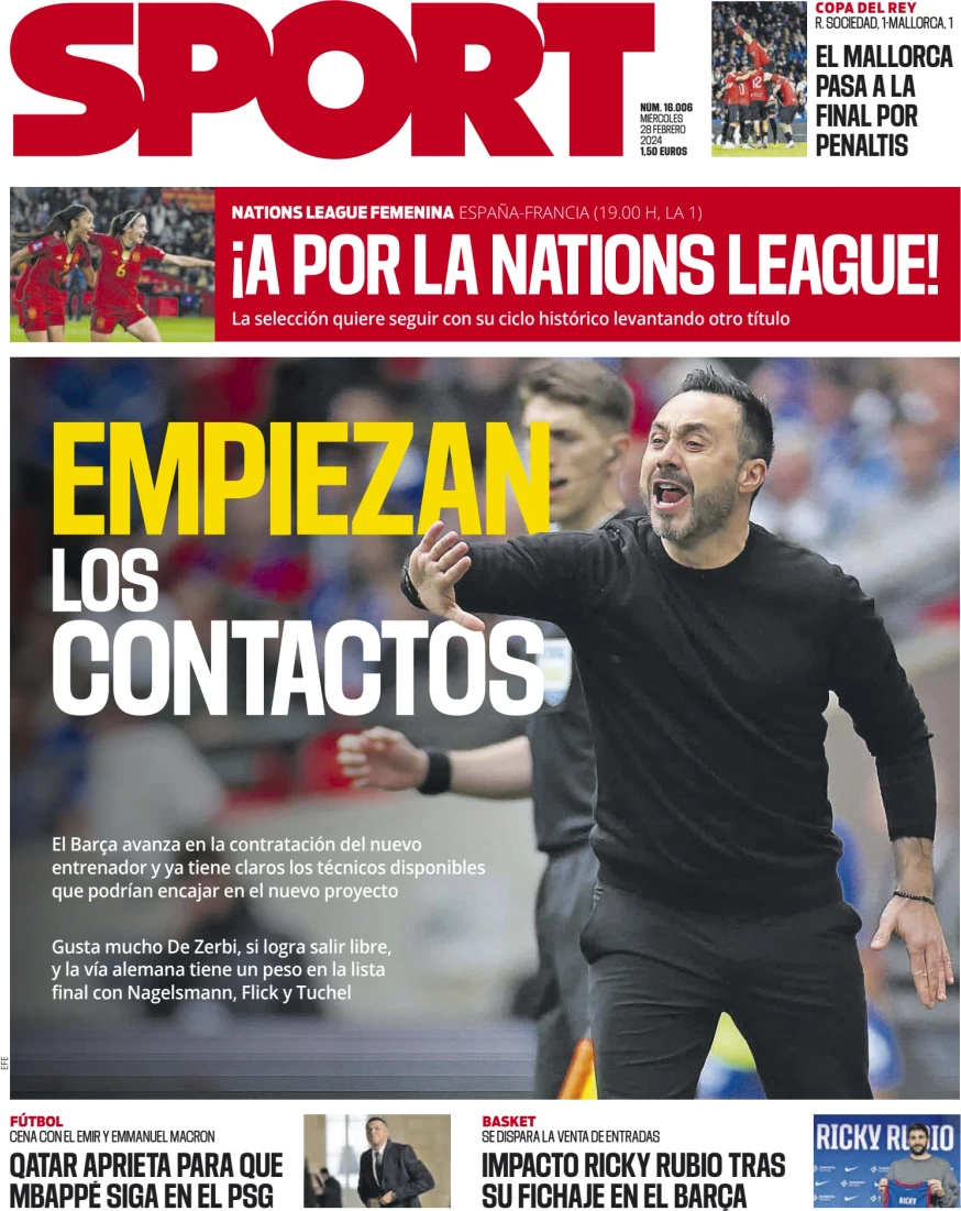 anteprima della prima pagina di sport-barcelona del 28/02/2024