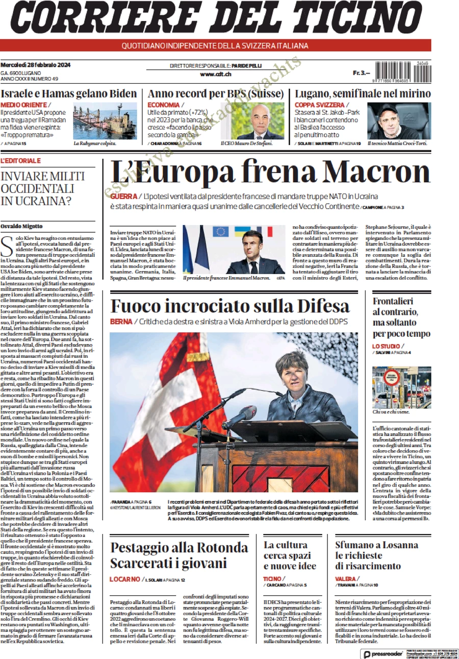 prima pagina - Corriere del Ticino del 28/02/2024