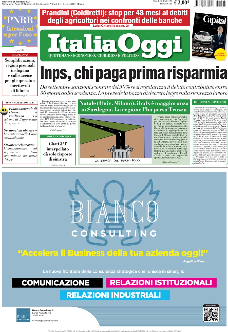prima pagina - ItaliaOggi del 28/02/2024