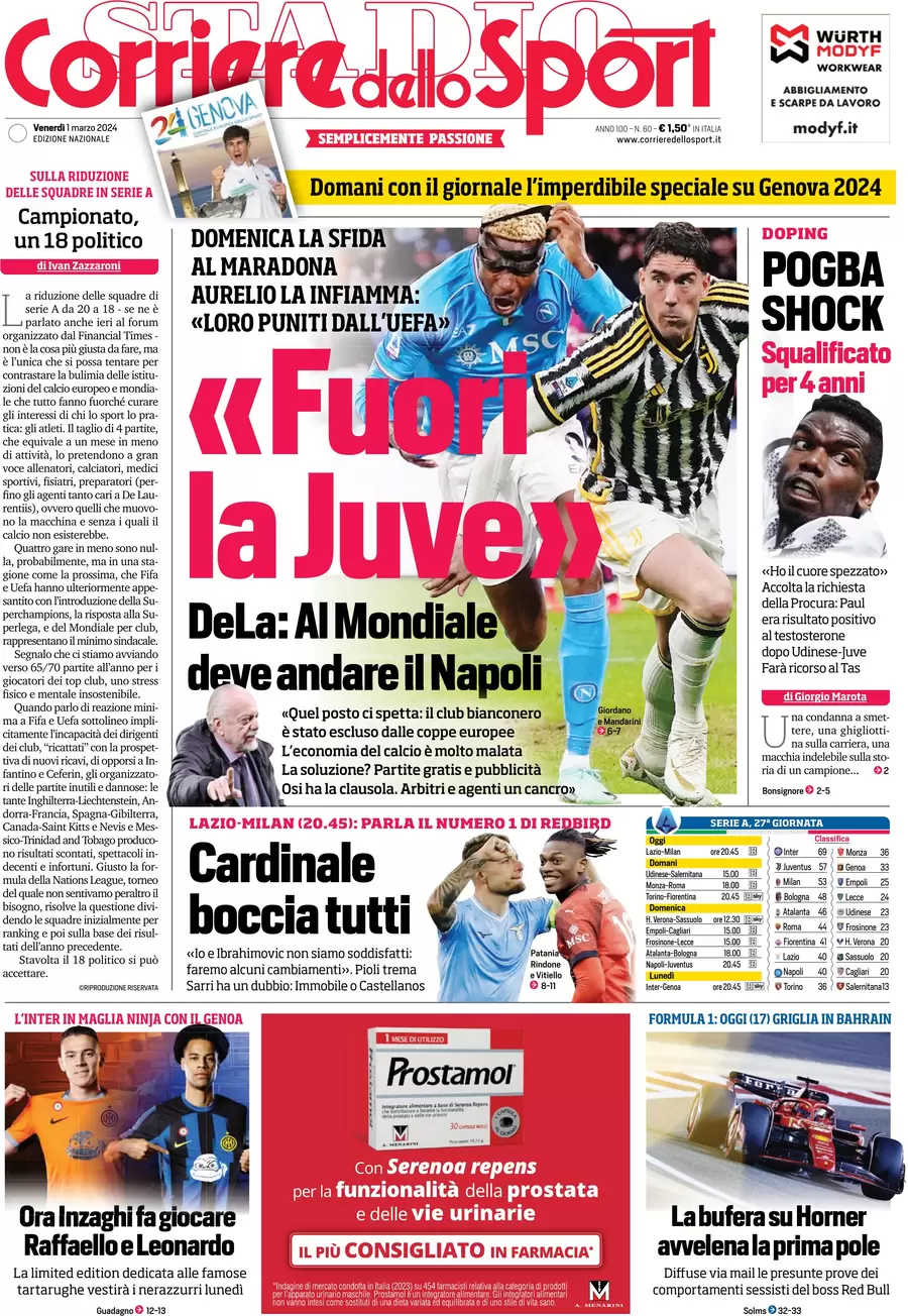 prima pagina - Corriere dello Sport del 29/02/2024