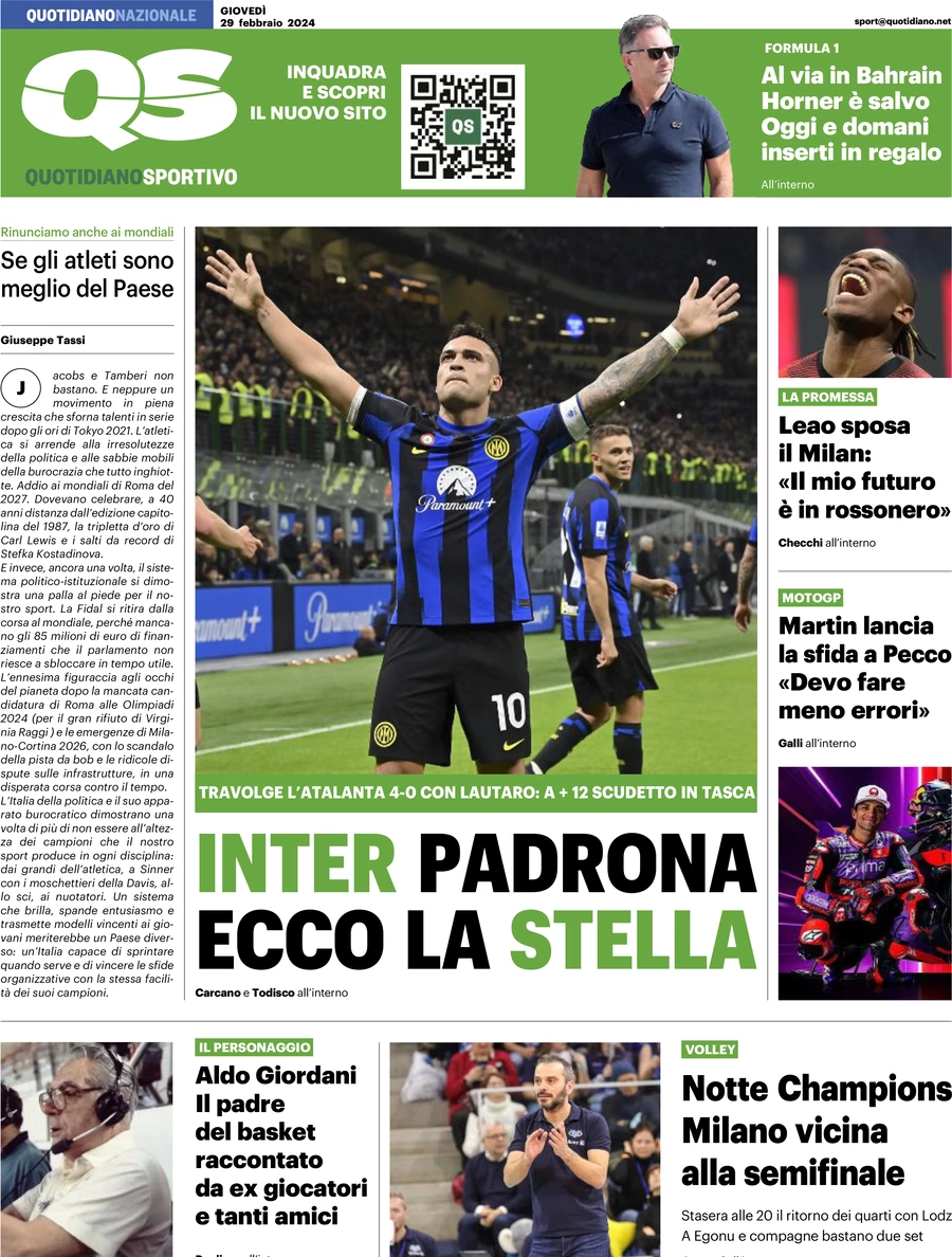 prima pagina - QS Quotidiano Sportivo del 29/02/2024