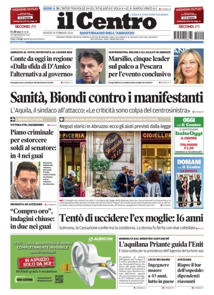 prima pagina - Il Centro (L'Aquila) del 29/02/2024