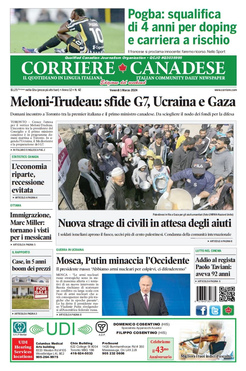prima pagina - Corriere Canadese del 29/02/2024