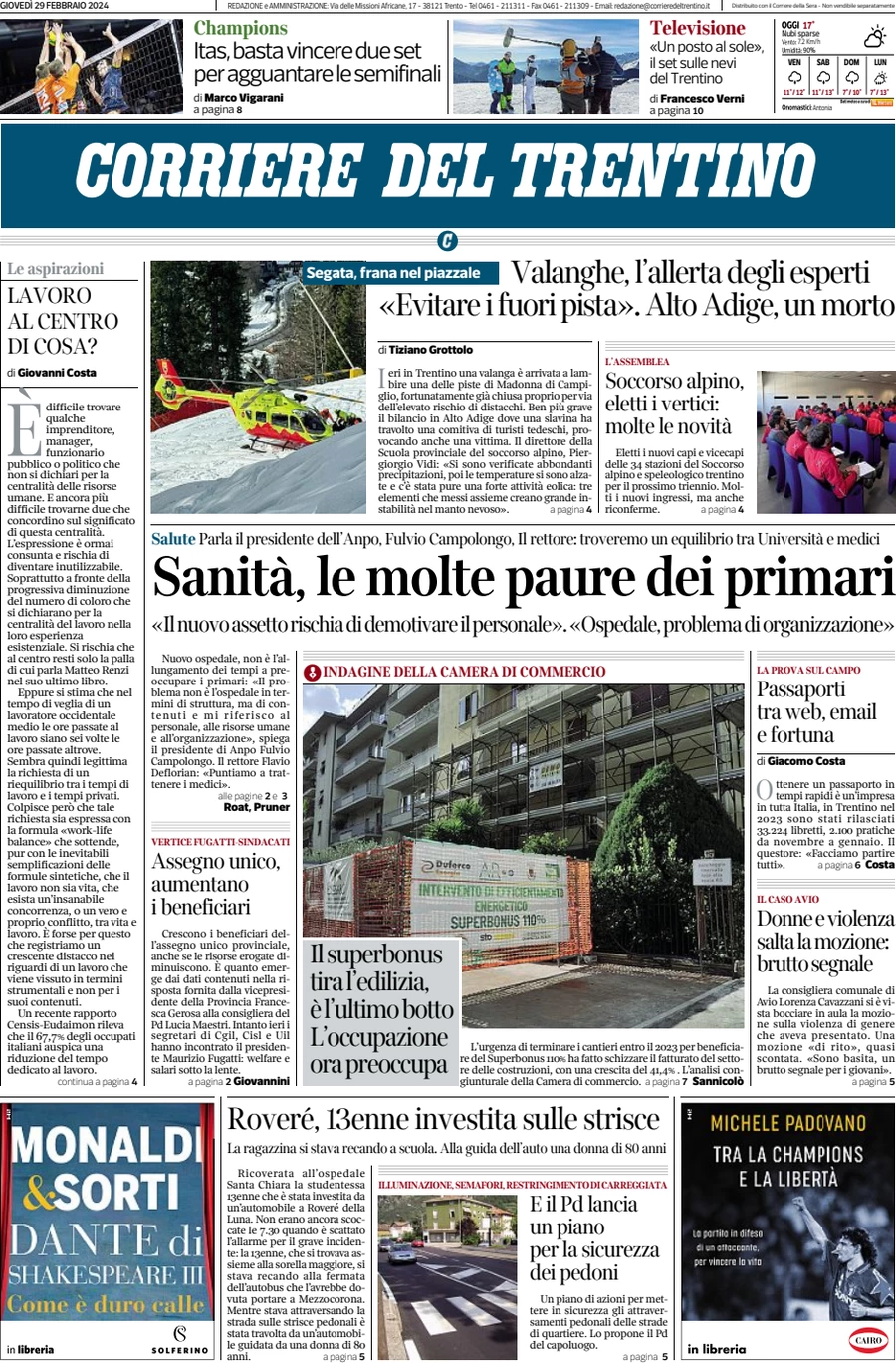 anteprima della prima pagina di corriere-del-trentino del 29/02/2024