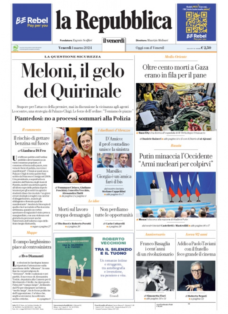 prima pagina - La Repubblica del 29/02/2024