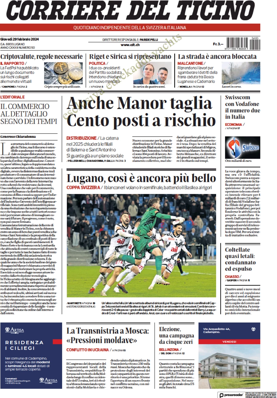 prima pagina - Corriere del Ticino del 29/02/2024