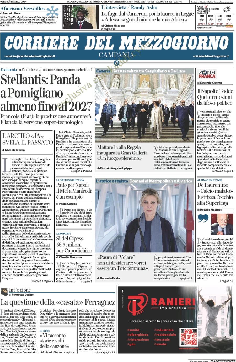 anteprima della prima pagina di corriere-del-mezzogiorno-campania del 01/03/2024
