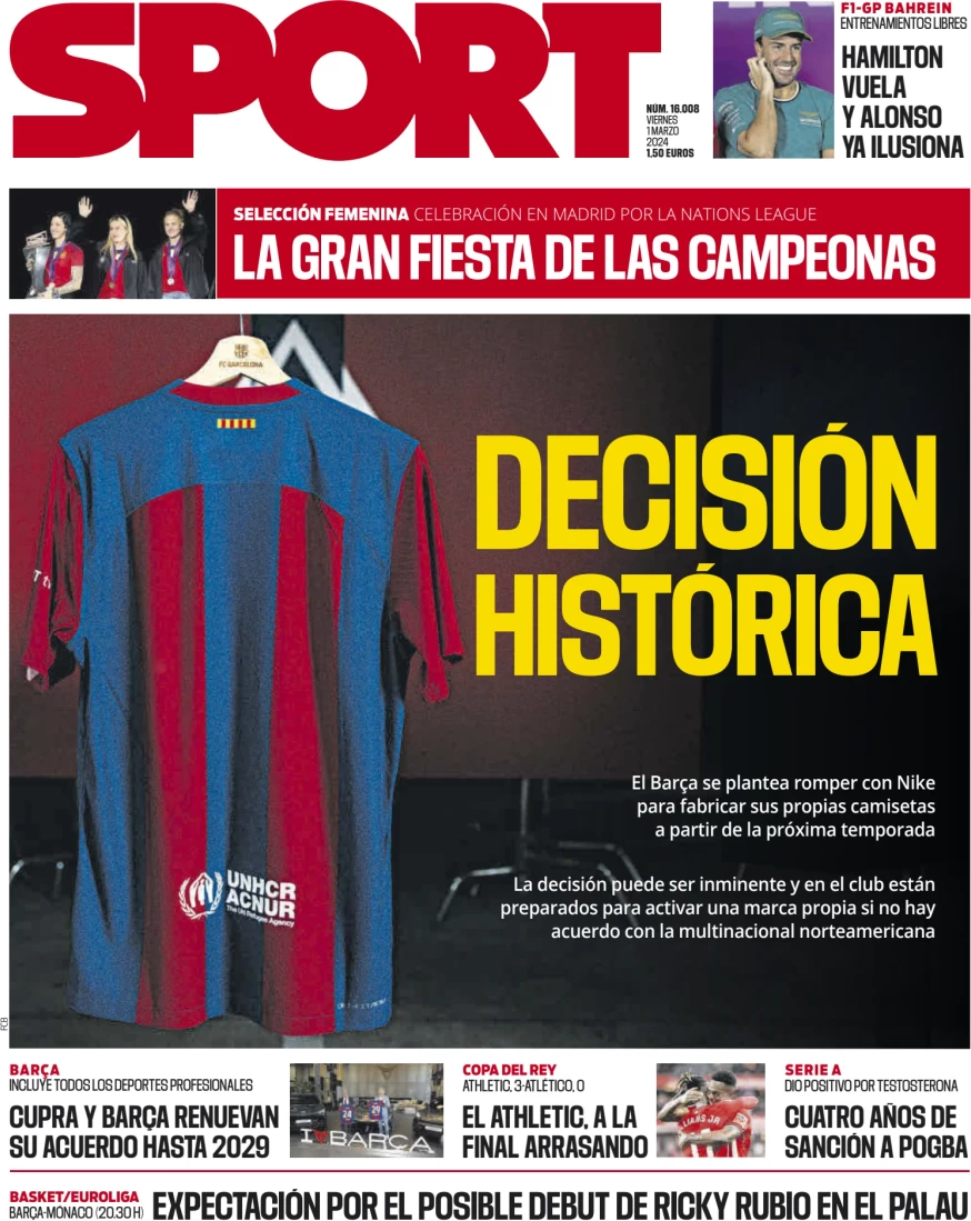 anteprima della prima pagina di sport-barcelona del 01/03/2024