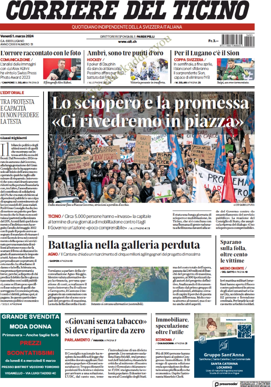 prima pagina - Corriere del Ticino del 01/03/2024