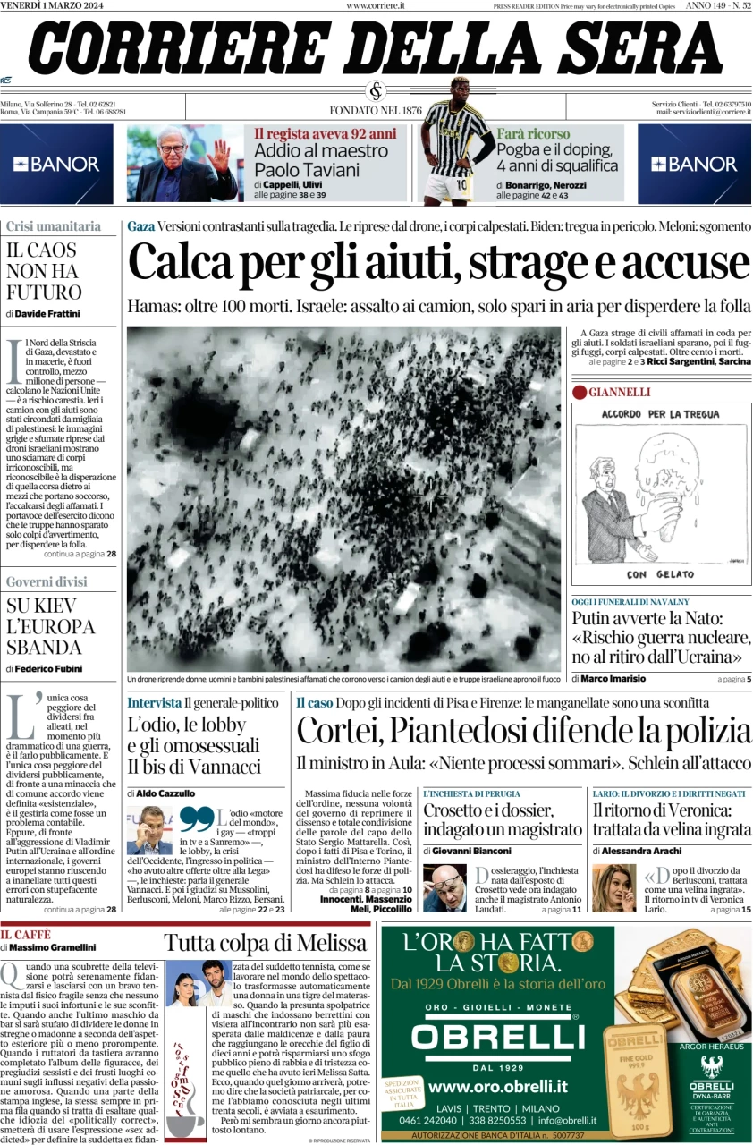 prima pagina - Corriere della Sera del 01/03/2024