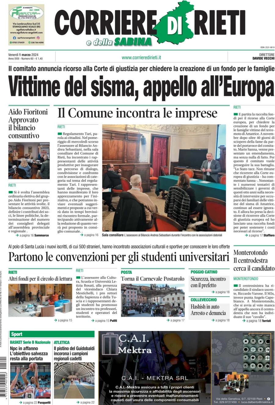 anteprima della prima pagina di corriere-di-rieti-e-della-sabina del 01/03/2024
