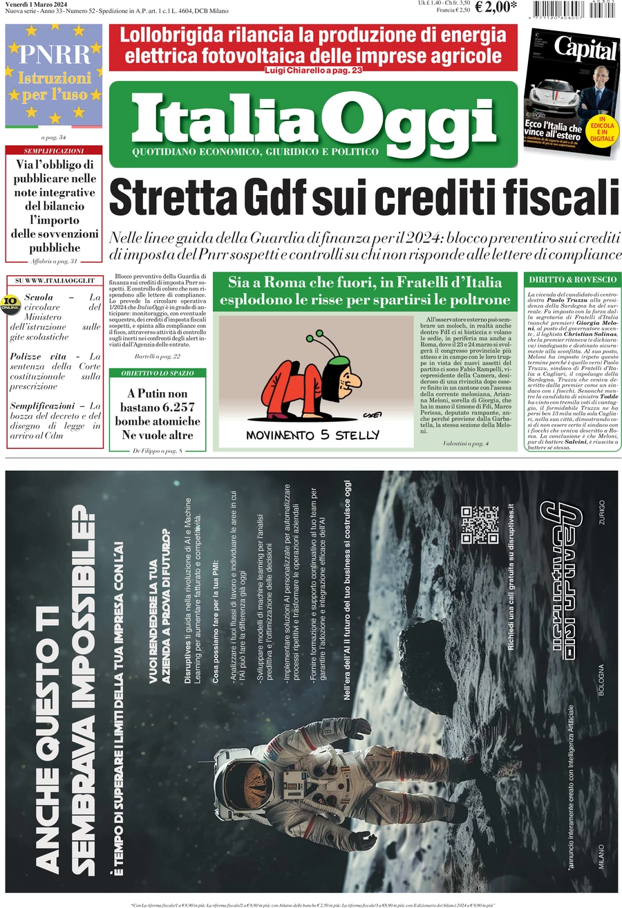 anteprima della prima pagina di italiaoggi del 01/03/2024