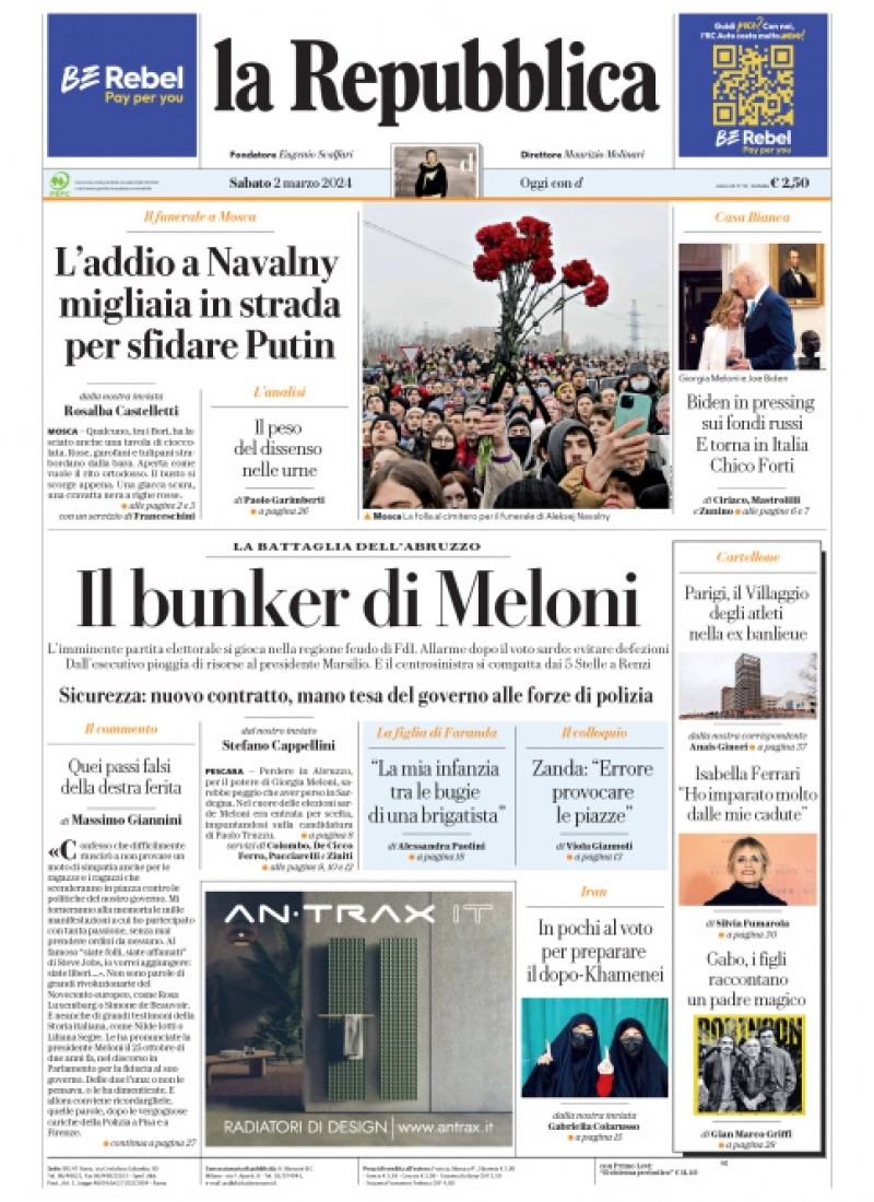 prima pagina - La Repubblica del 01/03/2024