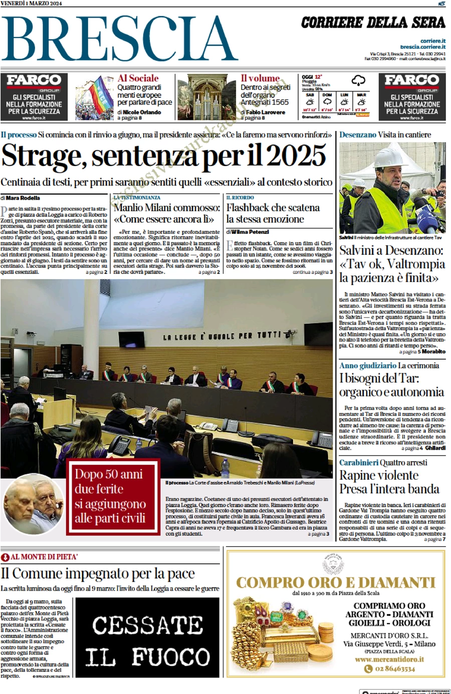 anteprima della prima pagina di corriere-della-sera-brescia del 01/03/2024