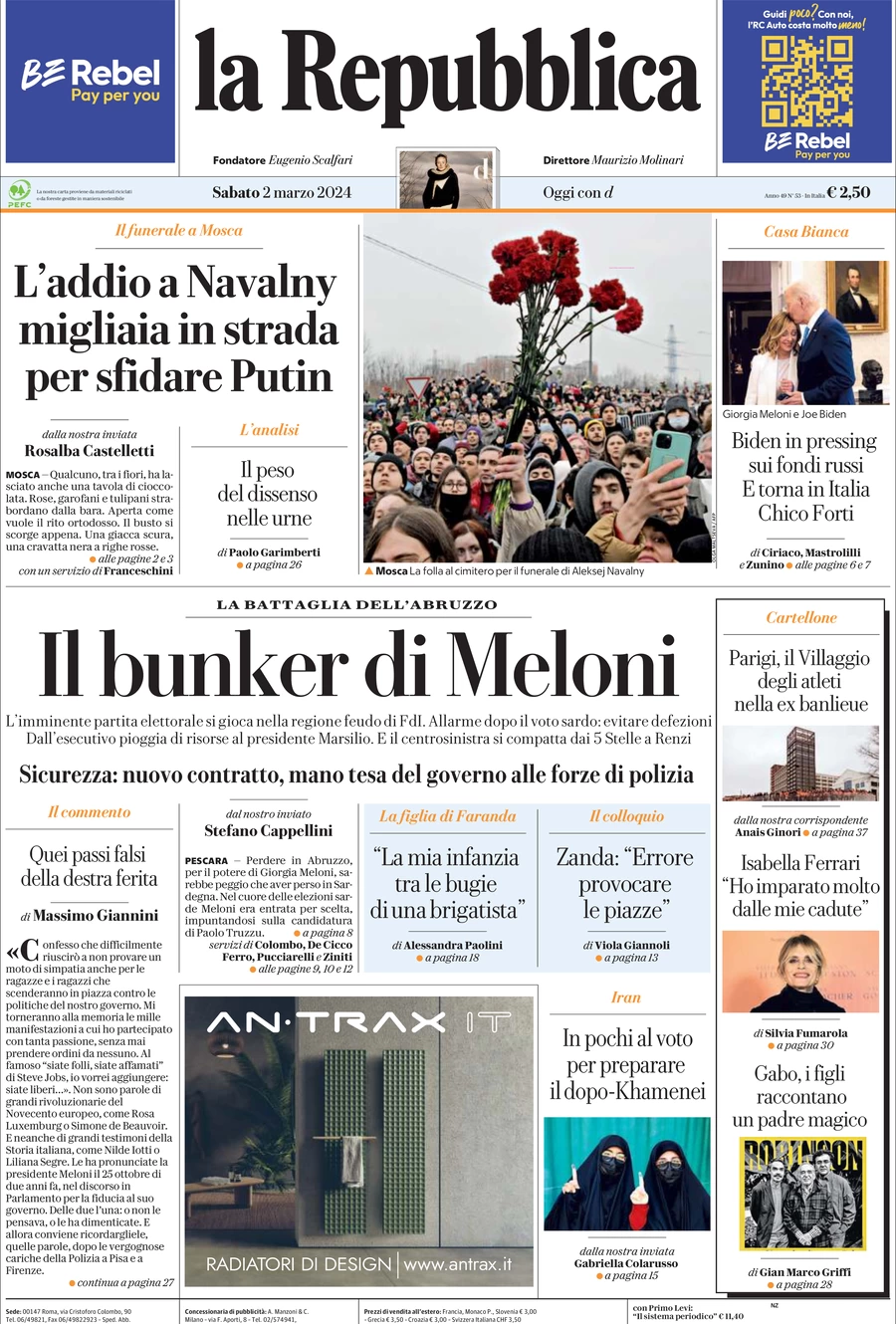 prima pagina - La Repubblica del 02/03/2024