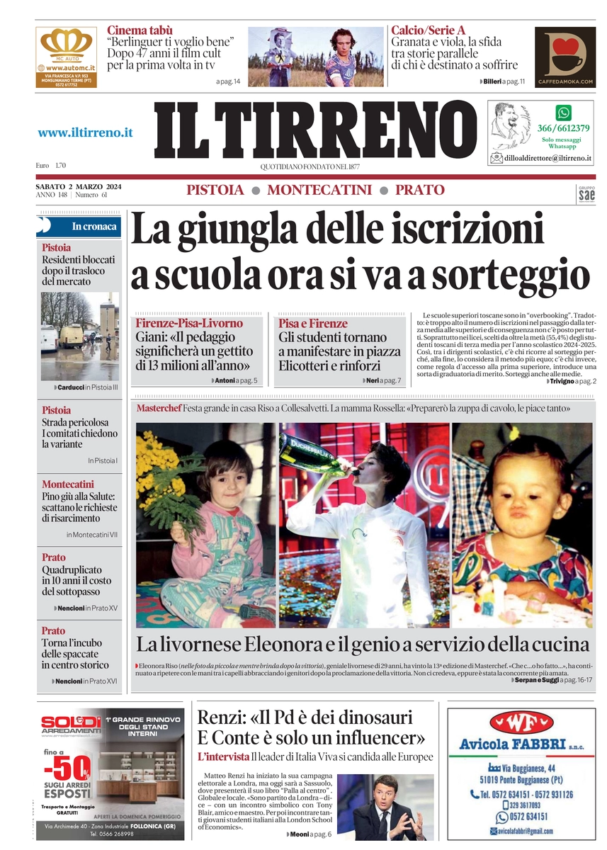 anteprima della prima pagina di il-tirreno-pistoia,-montecatini,-prato del 02/03/2024