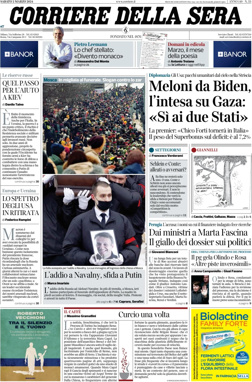 prima pagina - Corriere della Sera del 02/03/2024