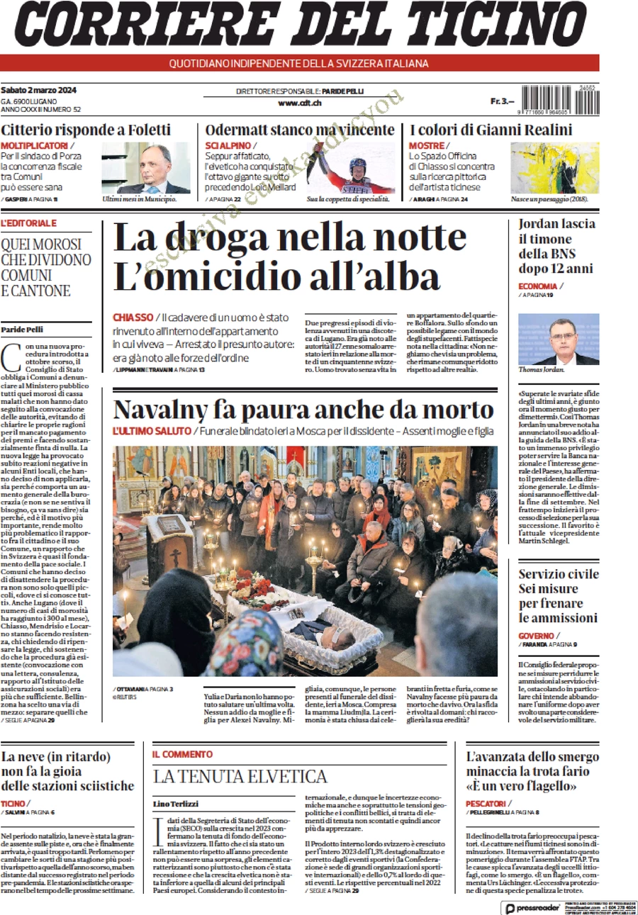 prima pagina - Corriere del Ticino del 02/03/2024