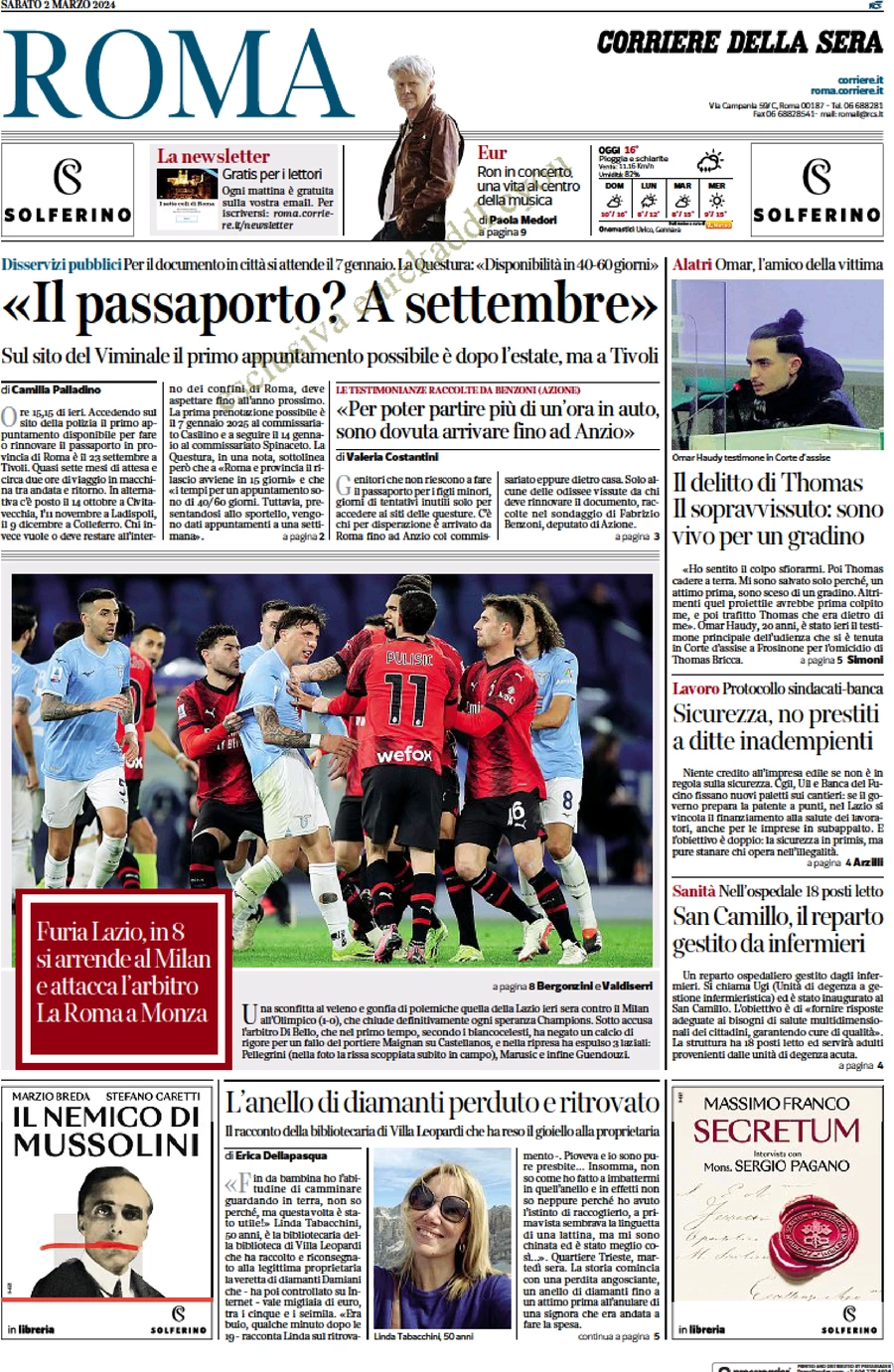 anteprima della prima pagina di corriere-della-sera-roma del 02/03/2024