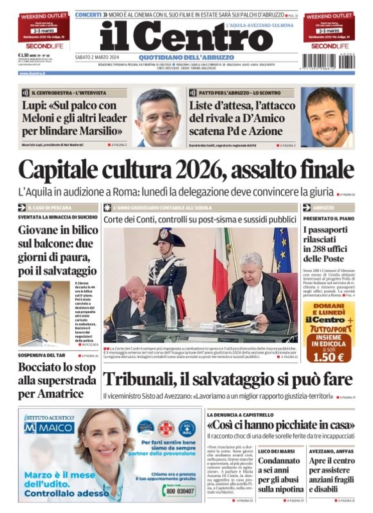 prima pagina - Il Centro (L'Aquila) del 02/03/2024