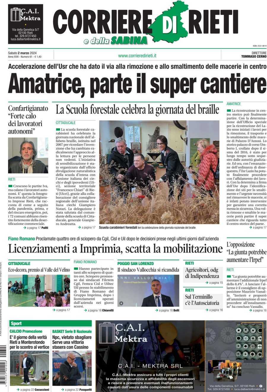 anteprima della prima pagina di corriere-di-rieti-e-della-sabina del 02/03/2024