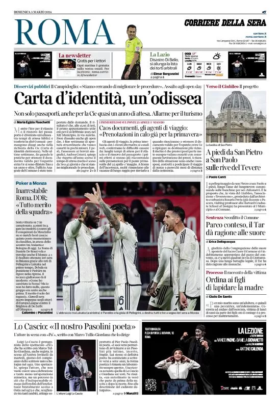 anteprima della prima pagina di corriere-della-sera-roma del 03/03/2024