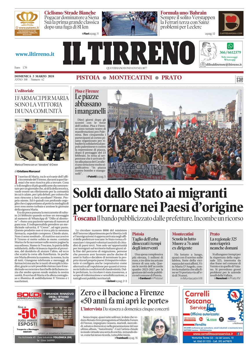 anteprima della prima pagina di il-tirreno-pistoia,-montecatini,-prato del 03/03/2024