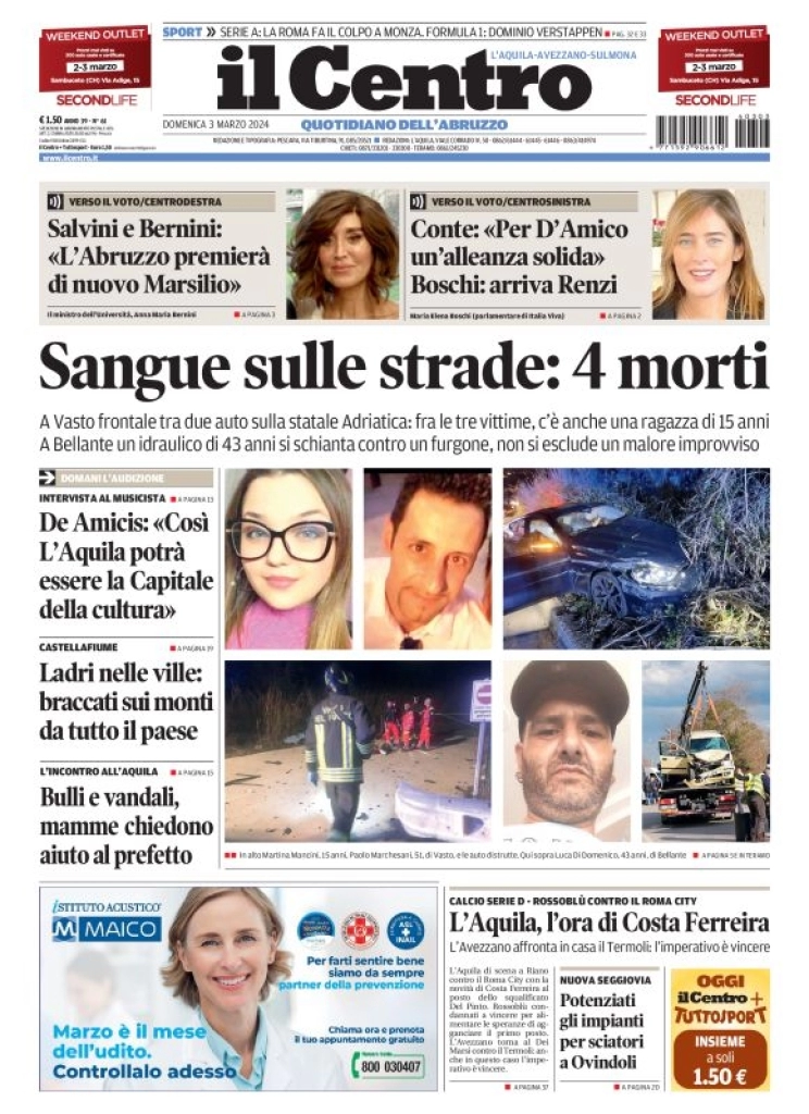 prima pagina - Il Centro (L'Aquila) del 03/03/2024