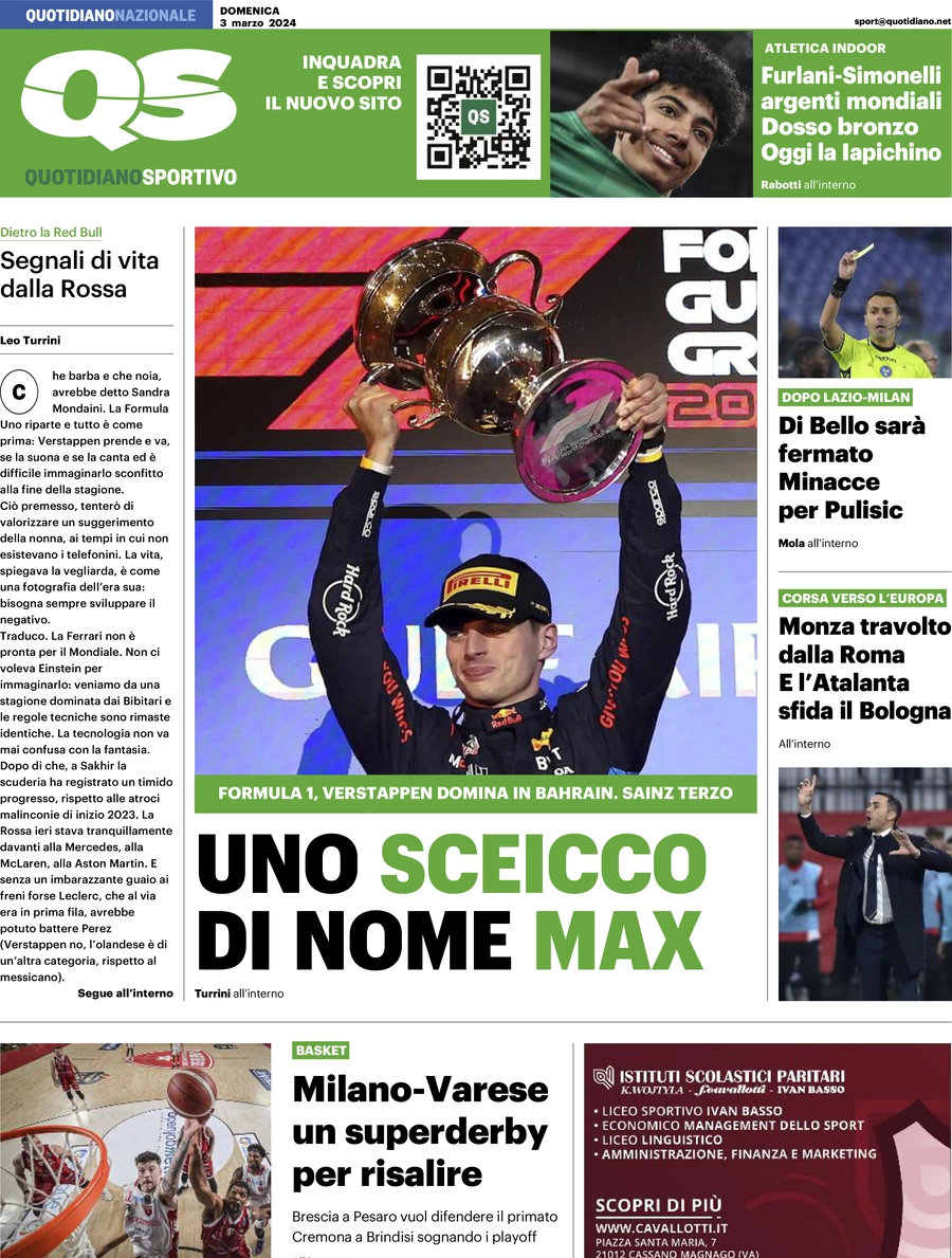 prima pagina - QS Quotidiano Sportivo del 03/03/2024
