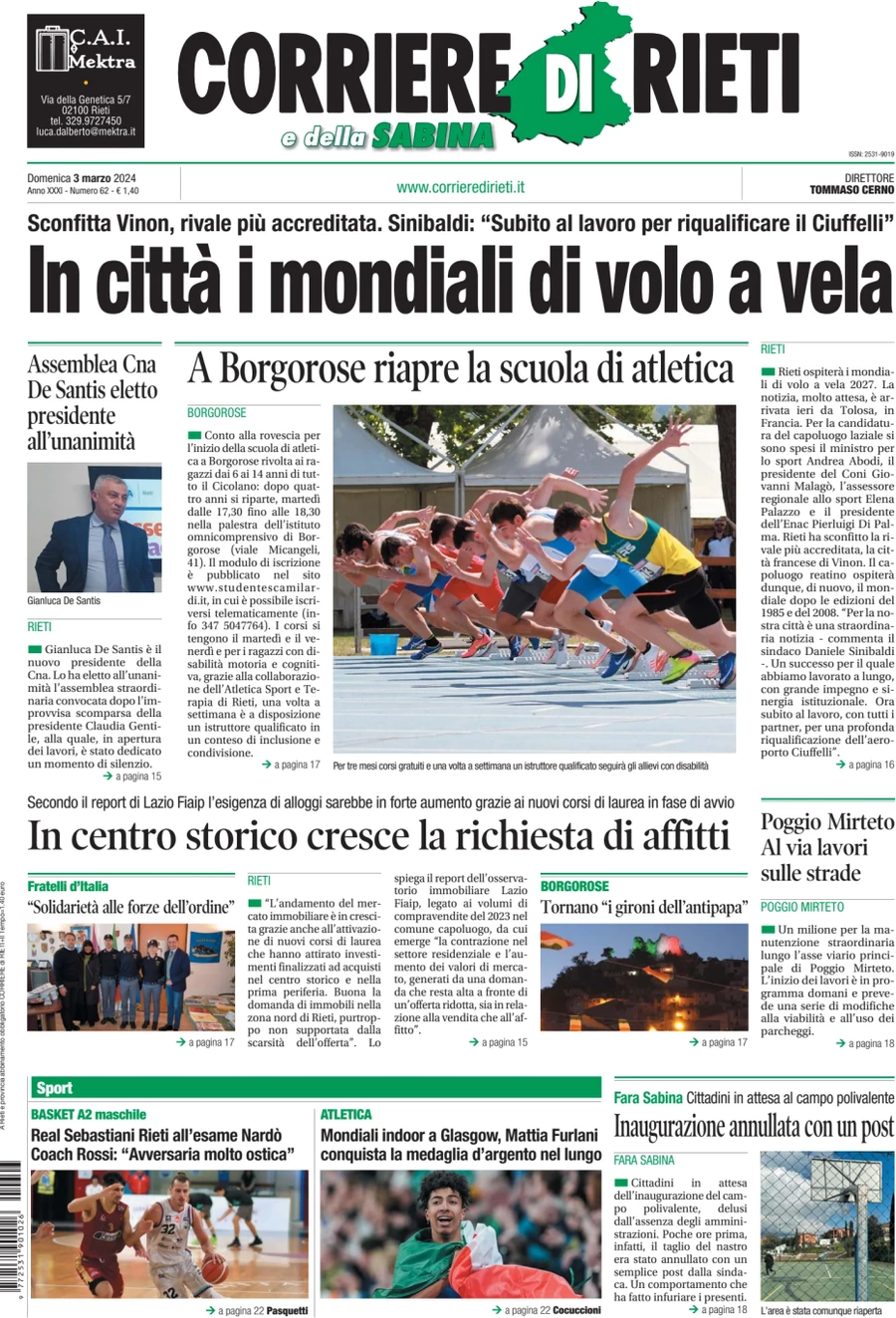 anteprima della prima pagina di corriere-di-rieti-e-della-sabina del 03/03/2024