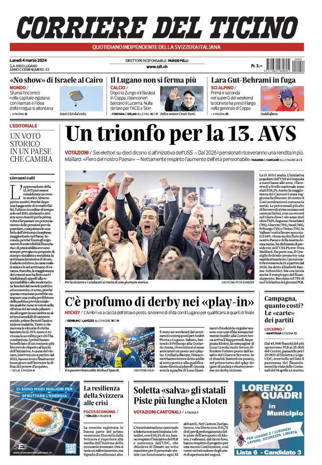 prima pagina - Corriere del Ticino del 03/03/2024