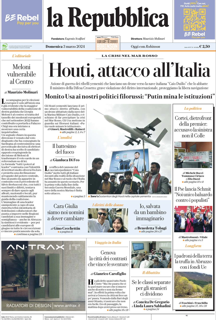 prima pagina - La Repubblica del 03/03/2024