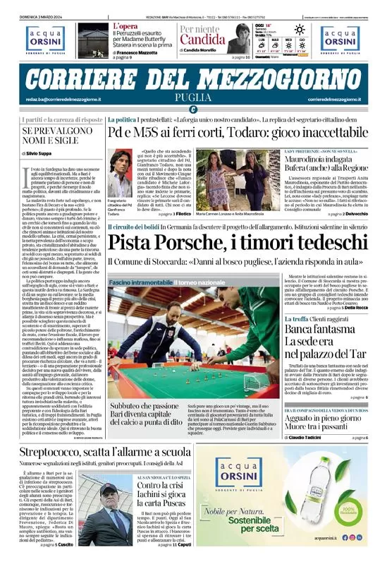 anteprima della prima pagina di corriere-del-mezzogiorno-puglia del 03/03/2024